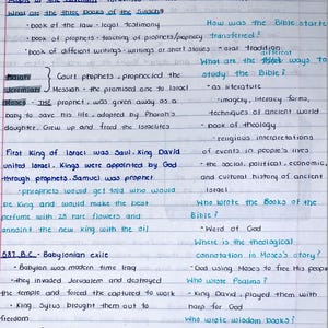 May include: Handwritten notes on a page of lined paper, discussing the history of the Israelites and the Old Testament. The notes include information about the covenant, prophets, and the books of the Bible.