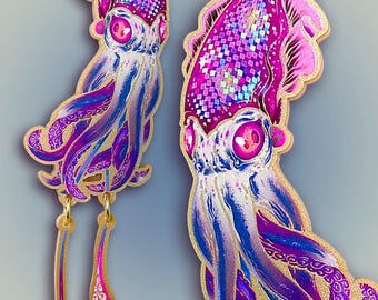 Squid Statement Earrings XL – Calamari Jewelry Gold – Long Disco Dangles – Large Acrylic Lasercut – Party Festival Style – Bold Jewelry