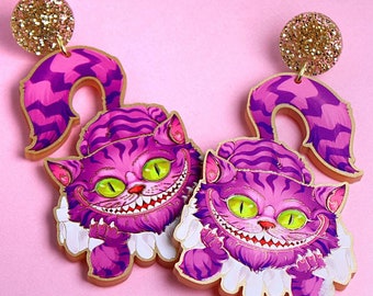 WE'REALLMADHERE ++ gold statement acrylic earrings oldschool style tattoo vintage gold rockabilly cheshire cat alice wonderland gift jewelry