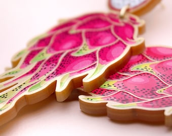 Dragon Fruit Earrings Gold – Exotic Pink Fruit Jewelry – Statement Festival Dangles – Gold Acrylic Lasercut – Tropical Holiday Look