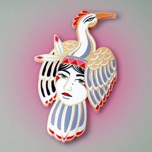 INCRANEATION ++ gold statement acrylic brooch newschool style tattoo rockabilly golden jewelry pin crane face indian surreal