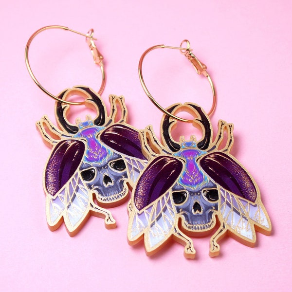 STAG SWAG ++ gold acrylic earrings oldschool tattoo vintage gold rockabilly festival jewelry beetle insect skull purple