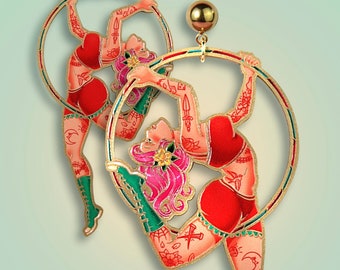 Ring Girl Earrings Gold – Circus Performer Jewelry – Trapeze Artist Dangles – Gold Acrylic Lasercut – Oldschool Tattoo Style – Acrobat Gift