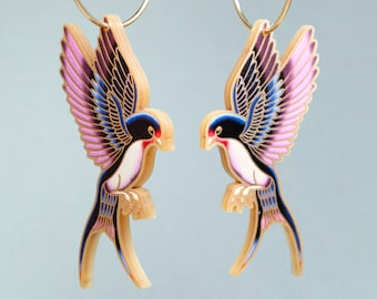 LOW FLYING SWALLOWS ++ gold statement acrylic earrings oldschool style tattoo swallow gold rockabilly classic design jewelry laser cut