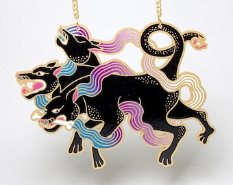 GOOD BOY CERBERUS ++ gold statement acrylic brooch oldschool style tattoo vintage gold punk classic rockabilly hell hound 3 heads greek