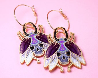 STAG SWAG ++ gold acrylic earrings oldschool tattoo vintage gold rockabilly festival jewelry beetle insect skull purple
