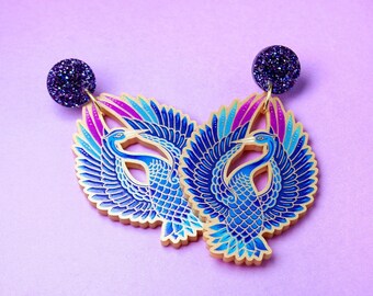 TRUE BLUE ++ gold statement acrylic earrings oldschool style tattoo vintage gold rockabilly techno festival crane bird laser cut