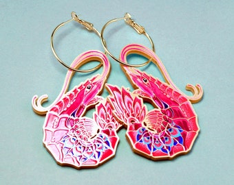 KING PINK P. ++ gold statement acrylic earrings oldschool style tattoo vintage gold rockabilly jewelry laser cut prawn shrimp