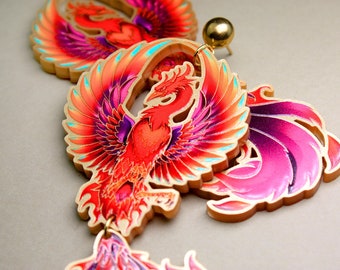 RISE, BABY! ++ gold statement acrylic earrings oldschool tattoo vintage gold rockabilly jewelry firebird ashes fire red legend bird