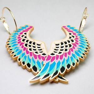 INSPIRADOR ++ pendientes acrílicos de declaración dorada en estilo de la vieja escuela tatuaje vintage oro rockabilly alas plumas de pájaro