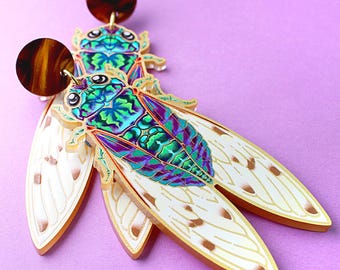 Golden cicada acrylic earrings – statement jewelry