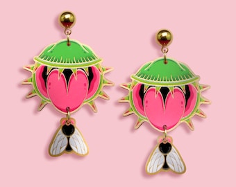 VENUS IS HUNGRY ++ gold statement acrylic earrings oldschool tattoo vintage gold rockabilly punk carnivorous plant fly insect laser cut