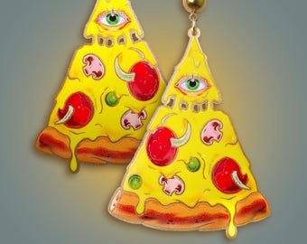 Pizza Illuminati Style Earrings – In Crust We Trust Jewelry – New School Comic – Large Pizza Dangles – Gold Acrylic – Fun Fast Food Gift