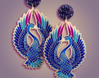TRUE BLUE ++ gold statement acrylic earrings oldschool style tattoo vintage gold rockabilly techno festival crane bird laser cut