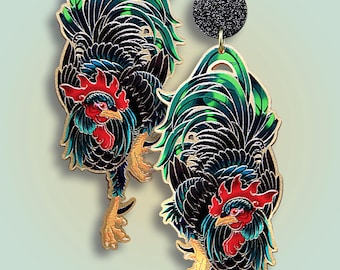 Le COQ EST NOIR ++ big gold statement acrylic earrings oldschool style tattoo vintage black rooster