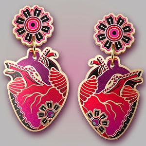 BOOM BOOM BOOM ++ goldene Statement Acryl Ohrringe oldschool Style Tattoo vintage Gold Schmuck rockabilly anatomisches Herz mit Blume
