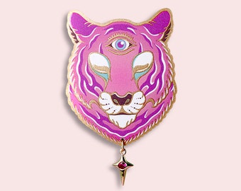 THIRD EYE TIGER ++ goldene Statement Acryl Brosche im oldschool Style Tattoo vintage Gold punk rockabilly rosa Tiger drittes Auge