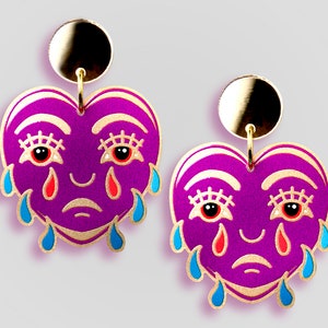 LET IT OUT ++ gold statement acrylic earrings oldschool style tattoo vintage gold rockabilly crying heart tears jewelry