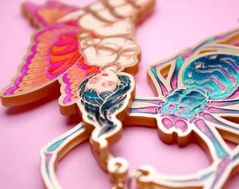 TRUST ++  big gold statement acrylic earrings tattoo elf fairy shibari bondage spider web shackles kink gold laser cut jewelry