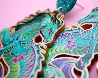Seahorse Earrings Gold – New School Tattoo Jewelry – Seahorse Stallion Statement – Gold Acrylic Lasercut – Nautical Edgy Style
