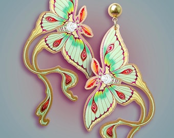 Luna Moth Earrings Gold – Moon Moth Statement Jewelry – Large Night Moth Dangles – Gold Acrylic Lasercut – New School Tattoo – Mystic Style