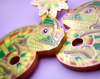 GOING THROUGH CHANGES ++ gold statement acrylic earrings oldschool style tattoo vintage gold rockabilly chameleon contemporary art jewelry