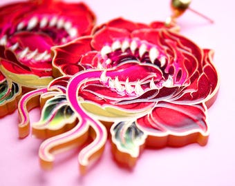 HANGRY ++ gold statement acrylic earrings newschool tattoo golden laser cut carnivorous plant rose with teeth