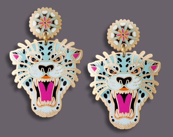 Large Snow Leopard Earrings Gold Lasercut Jewelry – Winter Statement Jewelry – Snowflake Wild Cat Earrings – Oldschool Tattoo Style