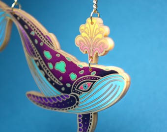 WHALE U B MINE? ++ gold statement acrylic brooch oldschool style tattoo vintage gold rockabilly humpback whale with water fountain