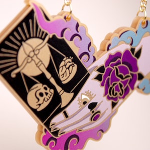 KARMA ++ gran collar acrílico dorado con declaración en estilo de la vieja escuela, tatuaje clásico vintage dorado punk rockabilly tarot carta del tarot rosa magia
