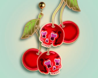 CHERRY DEAD ++ gold statement acrylic earrings oldschool tattoo vintage gold laser cut rockabilly skull