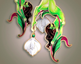 HEAD OVER HEELS ++  golden acrylic earrings oldschool tattoo gold laser cut jewelry athlete circus gymnast flower snow drop fairy woman girl