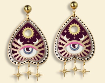 OUIYEAH ++ gold statement acrylic earrings oldschool style tattoo vintage gold rockabilly planchette mystic ghosts board magic occultism