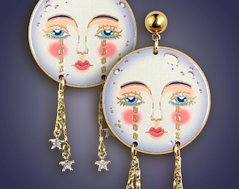 STARRY STARRY EYES ++ golden acrylic earrings oldschool style tattoo vintage gold crying full moon face with tears stars celestial