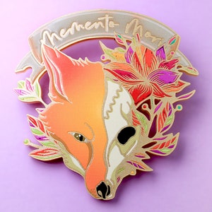 MEMENTO MORI ++ grande broche dorée en acrylique style old school tatouage vintage or punk rockabilly renard renard crâne crâne fleurs
