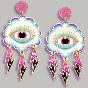 CURRENT MOOD: LOADED gold statement acrylic earrings oldschool style tattoo vintage gold rockabilly cloud lightning stars allseeing eye AS SHOWN!