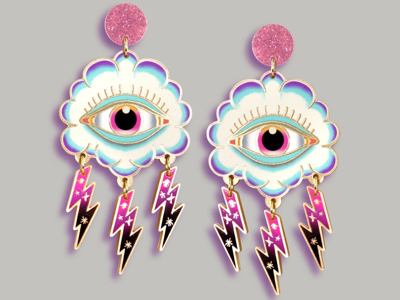 CURRENT MOOD: LOADED gold statement acrylic earrings oldschool style tattoo vintage gold rockabilly cloud lightning stars allseeing eye AS SHOWN!