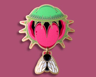 FAST FOOD ++ gold statement acrylic brooch oldschool style tattoo vintage gold punk carnivorous plant fly insect laser cut