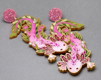 AXEL & LOTL ++ gold statement acrylic earrings oldschool style tattoo vintage gold rockabilly axolotl gift jewelry