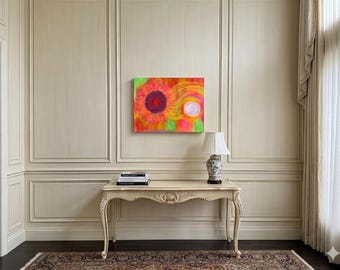 Cuadro abstracto de girasol vibrante – Colores arremolinados, lienzo de 16x20 pulgadas, decoración moderna para el hogar.