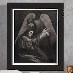 Jesus in Gethsemane Charcoal Drawing – Catholic Art Print, Digital Download, Religious Wall Art, Charcoal Portrait of Christ