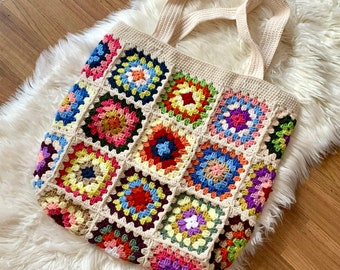 Handmade Crochet Bag Afghan, Granny Square Ecru Bag, Hobo Bag, Boho Bag, Retro Bag, Hippie Bag, Afgan Crochet, Vintage Style