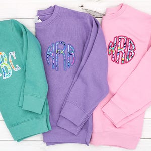 KIDS Left Chest Monogrammed Sweatshirt with everyone’s favorite bright fabric!