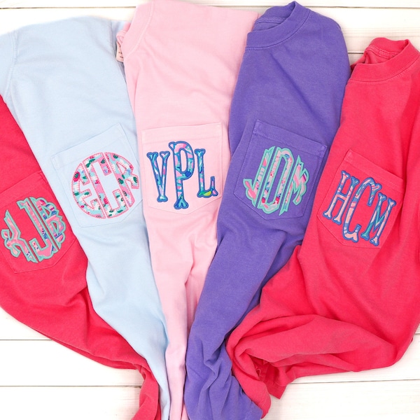 ADULT Comfort Colors Monogrammed Pocket T-Shirt- With everyone's favorite bright fabric!