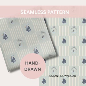 Könnte beinhalten: Ein nahtloses Musterdesign mit einem sich wiederholenden Motiv von Segelbooten und Vögeln in Rahmen, vor einem hellblauen und weißen gestreiften Hintergrund. Die Wörter "SEAMLESS PATTERN", "HAND-DRAWN" und "INSTANT DOWNLOAD" sind ebenfalls sichtbar.