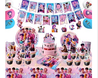 K-pop demon hunter Party Supplies- k pop plates, napkin, banner , table cloth, balloons,  spirals and bags