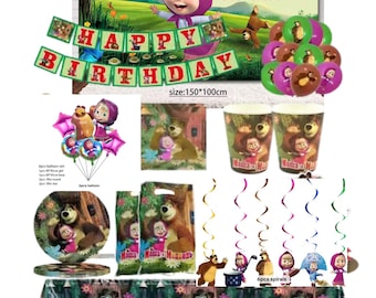 Marsha and Bear Party Supplies- Marsha plates, napkin, backdrop, table cloth, balloons,  spirals and bags