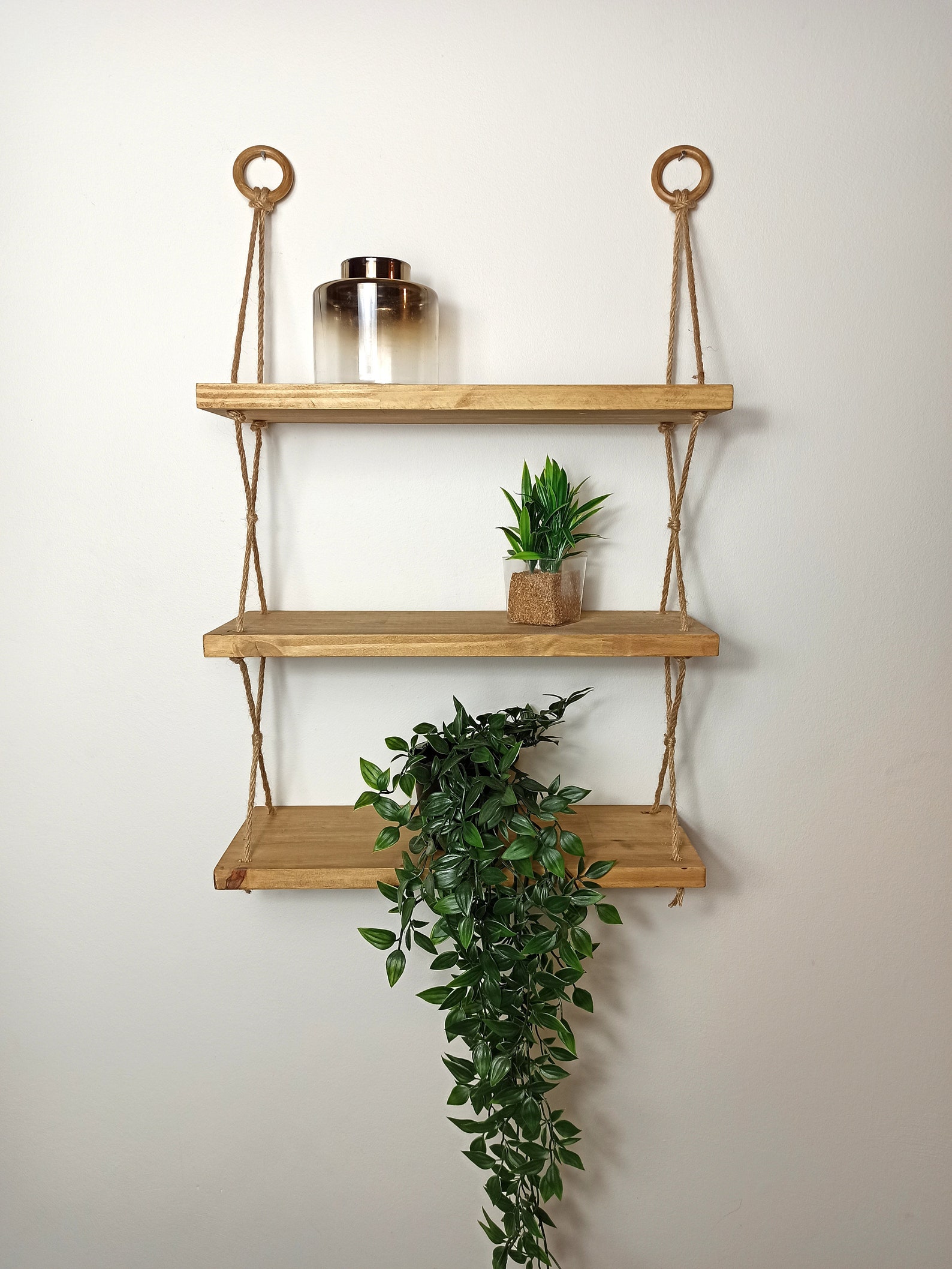 3tier Hanging Shelf Wooden Wall Hanging & Jute Rope Etsy