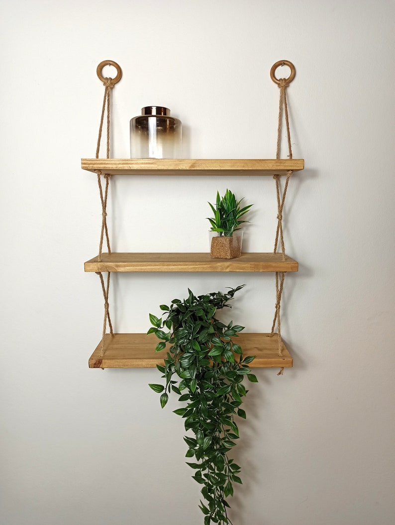 3tier Hanging Shelf Wooden Wall Hanging & Jute Rope Etsy