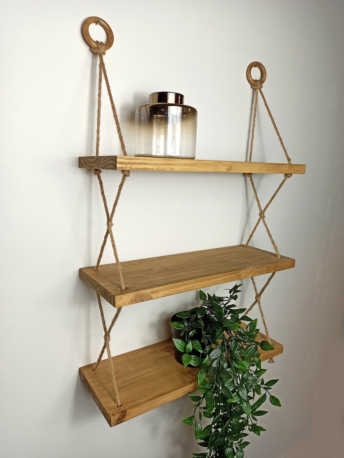 3tier Hanging Shelf Wooden Wall Hanging & Jute Rope Etsy